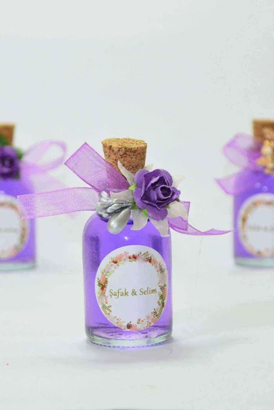 25 Adet Çiçekli Hediyelik Kolonya Şişesi, Nikah Şekeri, Bebek Şekeri - Gümüş Mor