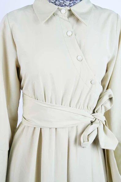 Tesettür Elbise Çapraz Düğmeli Dolama Kuşaklı Poplin Elbise Yeşil - 5