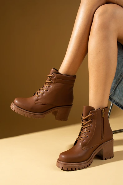 Pembe Potin Yüksek Taban Bağcıklı Yandan Fermuarlı Kadın Bot 57-222-24 - Resim 11