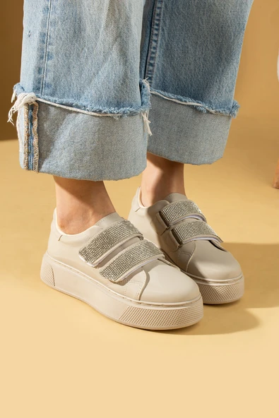 Pembe Potin Çift Bant Taş Detaylı Kalın Taban Kadın Sneaker 001-8282-24 - 12
