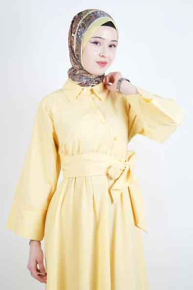 Tesettür Elbise Çapraz Düğmeli Dolama Kuşaklı Poplin Elbise Sarı - 3
