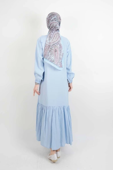 Tesettür Elbise Çift Düğme Detaylı Yandan Bağlamalı Modal Elbise Mavi - 4