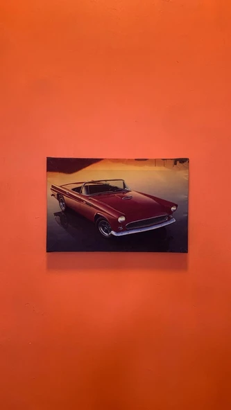 Kırmızı Araba Ve Gün batımı Temalı Natürel Tasarım Ahşap Çerçeve Ev İşyeri Duvar Kanvas Tablo ARB5 - Resim 2