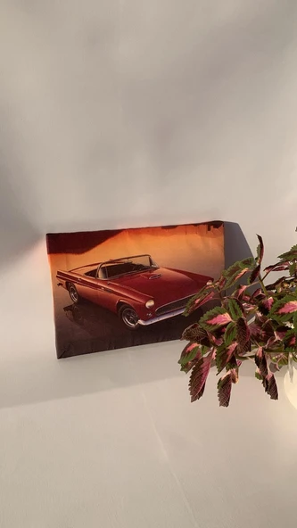 Kırmızı Araba Ve Gün batımı Temalı Natürel Tasarım Ahşap Çerçeve Ev İşyeri Duvar Kanvas Tablo ARB5 - Resim 4