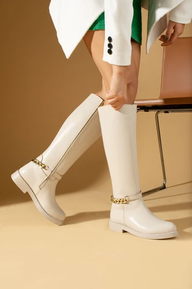 Pembe Potin Zincir Detaylı Fermuarlı Diz Altı Kadın Çizme 001-5181-23 - Resim 2