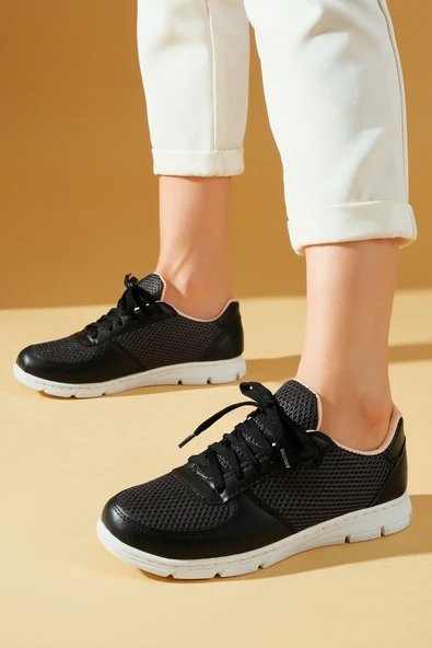 Pembe Potin Fileli Bağcıklı Comfort Taban Kadın Sneaker A1971-20SiyahFüme - 1