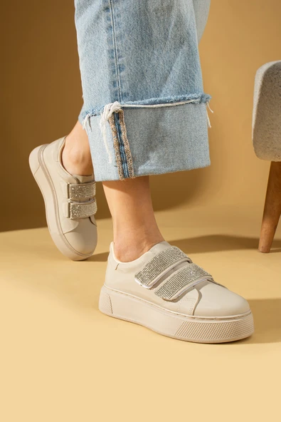 Pembe Potin Çift Bant Taş Detaylı Kalın Taban Kadın Sneaker 001-8282-24 - 11