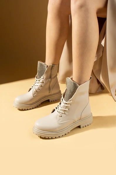 Pembe Potin Taş Detaylı Fermuarlı & Bağcıklı Kadın Postal Bot 57-472-23Cilt - Resim 2