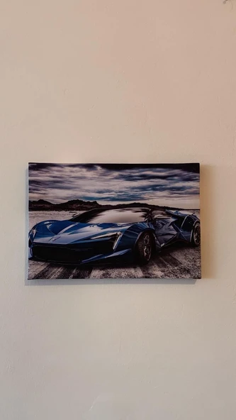 Mavi Araba Temalı Natürel Tasarım Ahşap Çerçeve Ev İşyeri Duvar Kanvas Tablo ARB7