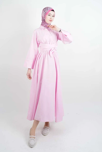 Tesettür Elbise Çapraz Düğmeli Dolama Kuşaklı Poplin Elbise Pembe