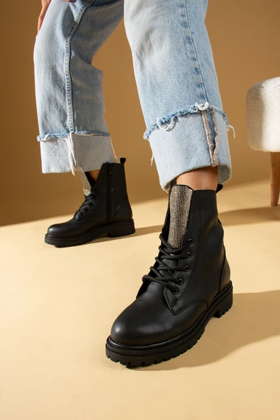 Pembe Potin Taş Detaylı Fermuarlı & Bağcıklı Kadın Postal Bot 57-472-23Cilt - Resim 5