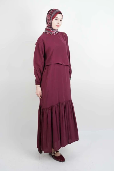 Tesettür Elbise Çift Düğme Detaylı Yandan Bağlamalı Modal Elbise Bordo - 2