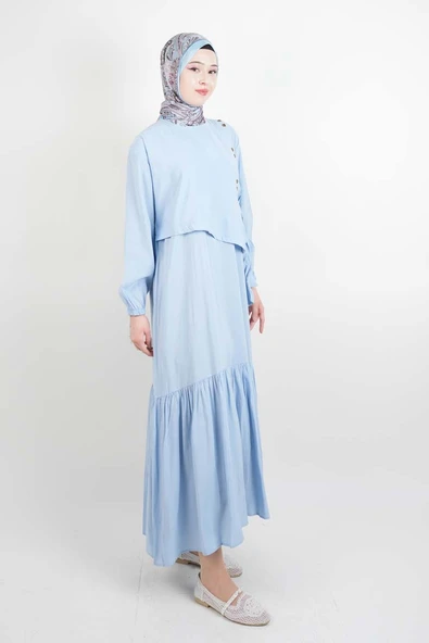 Tesettür Elbise Çift Düğme Detaylı Yandan Bağlamalı Modal Elbise Mavi - 2