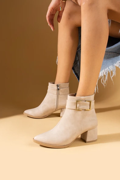 Pembe Potin Kemer Tokalı Sivri Burun Fermuarlı Kadın Bot 009-85-24Mat - Resim 5