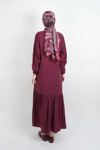 Tesettür Elbise Çift Düğme Detaylı Yandan Bağlamalı Modal Elbise Bordo - 4