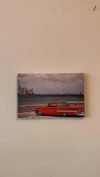 Kırmızı Araba Ve Deniz Temalı Natürel Tasarım Ahşap Çerçeve Ev İşyeri Duvar Kanvas Tablo ARB6 - 3