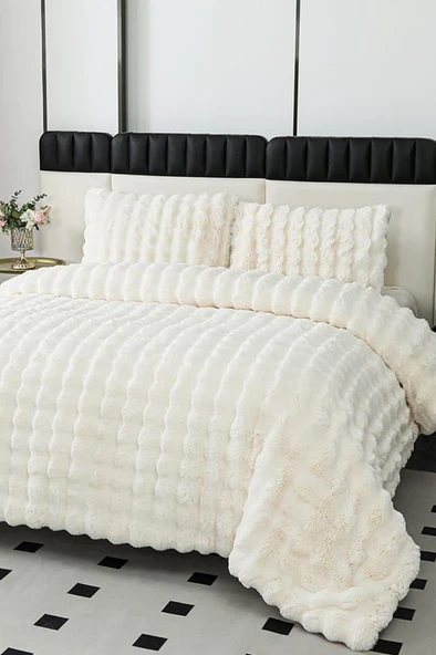 Tomris Tavşan Tüyü Çift Kişilik Yatak Örtüsü 220x240 Cm Krem ürün görseli