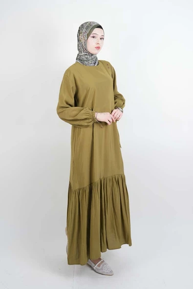 Tesettür Elbise Çift Düğme Detaylı Yandan Bağlamalı Modal Elbise Yeşil - 2