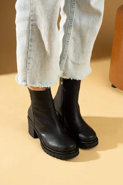 Pembe Potin Kalın Taban Fermuarlı Sıcak Astar Kadın Bot 024-028-24 - Resim 4