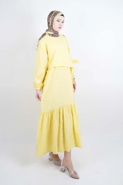Tesettür Elbise Çift Düğme Detaylı Yandan Bağlamalı Modal Elbise Sarı - 2