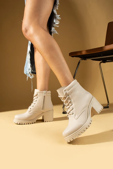 Pembe Potin Yüksek Taban Bağcıklı Yandan Fermuarlı Kadın Bot 57-222-24 - Resim 5