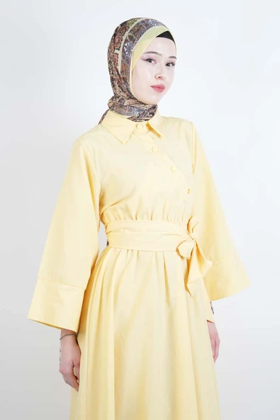 Tesettür Elbise Çapraz Düğmeli Dolama Kuşaklı Poplin Elbise Sarı - 2