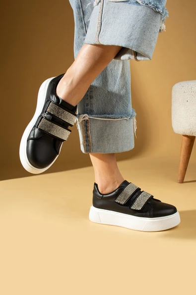 Pembe Potin Çift Bant Taş Detaylı Kalın Taban Kadın Sneaker 001-8282-24 - 3