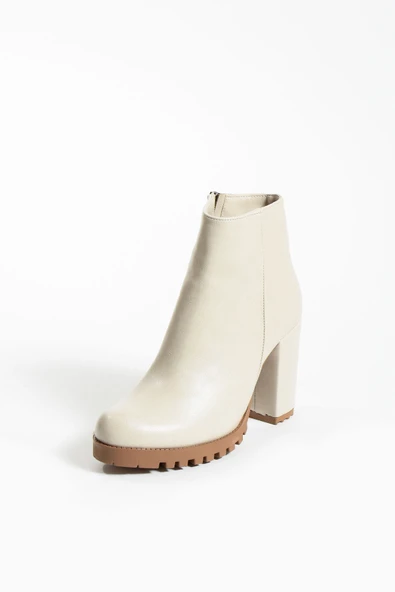 Pembe Potin Yuvarlak Burunlu Trak Tabanlı Orta Topuklu Fermuarlı Kadın Bot 51-404-23Cilt - Resim 9