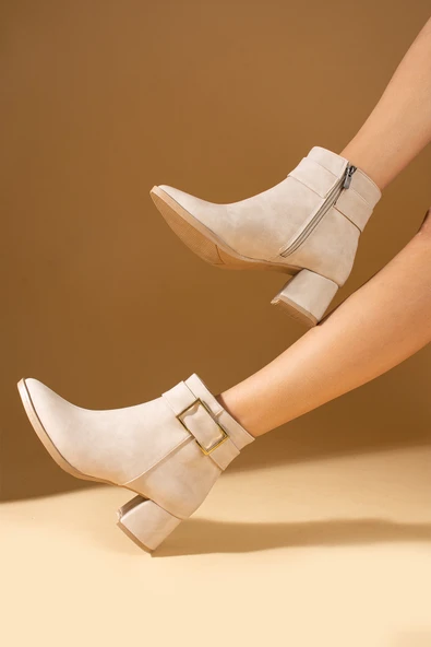 Pembe Potin Kemer Tokalı Sivri Burun Fermuarlı Kadın Bot 009-85-24Mat - Resim 3