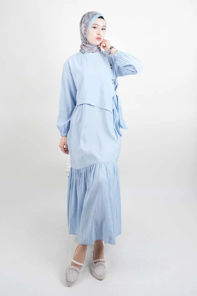 Tesettür Elbise Çift Düğme Detaylı Yandan Bağlamalı Modal Elbise Mavi