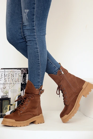 Pembe Potin Fermuarlı Rahat Taban Kadın Postal Bot 001-8671-22Süet - Resim 4