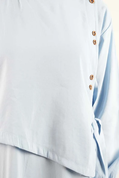 Tesettür Elbise Çift Düğme Detaylı Yandan Bağlamalı Modal Elbise Mavi - 5