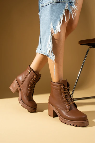 Pembe Potin Yüksek Taban Bağcıklı Yandan Fermuarlı Kadın Bot 57-222-24 - Resim 7