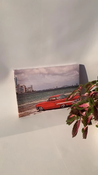 Kırmızı Araba Ve Deniz Temalı Natürel Tasarım Ahşap Çerçeve Ev İşyeri Duvar Kanvas Tablo ARB6