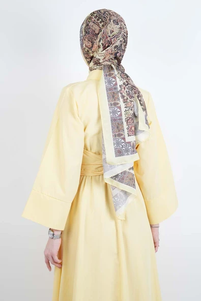 Tesettür Elbise Çapraz Düğmeli Dolama Kuşaklı Poplin Elbise Sarı - 4