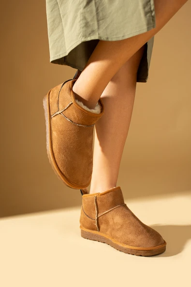 Pembe Potin İçi Yünlü Bilekte Mini Kadın Bot 007-1998-23Nubuk - Resim 6