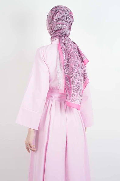 Tesettür Elbise Çapraz Düğmeli Dolama Kuşaklı Poplin Elbise Pembe - 4