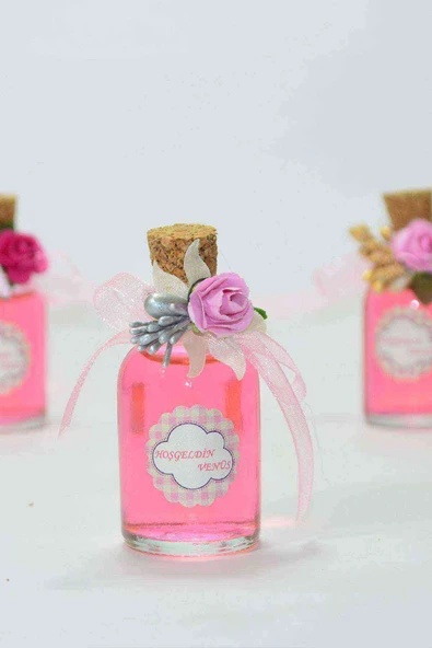 25 Adet Çiçekli Hediyelik Kolonya Şişesi, Nikah Şekeri, Bebek Şekeri - gümüş pembe