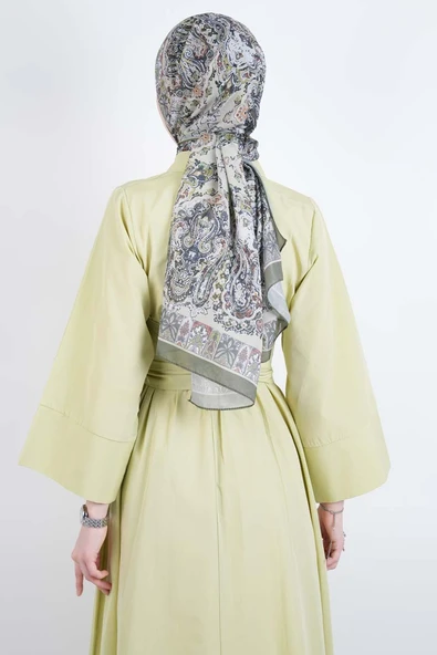 Tesettür Elbise Çapraz Düğmeli Dolama Kuşaklı Poplin Elbise Yeşil - 4