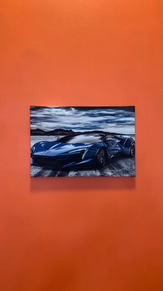 Mavi Araba Temalı Natürel Tasarım Ahşap Çerçeve Ev İşyeri Duvar Kanvas Tablo ARB7 - 6