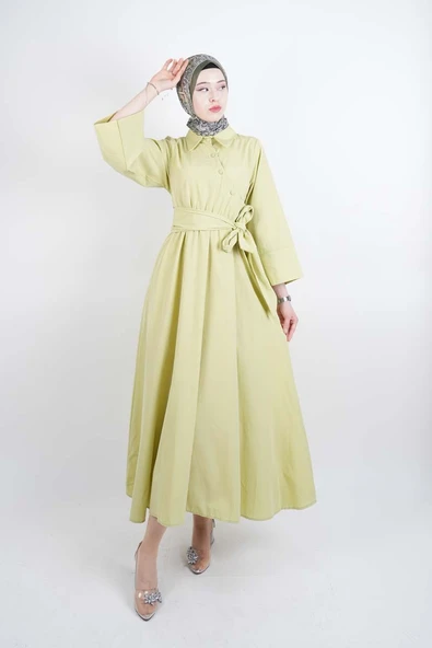 Tesettür Elbise Çapraz Düğmeli Dolama Kuşaklı Poplin Elbise Yeşil