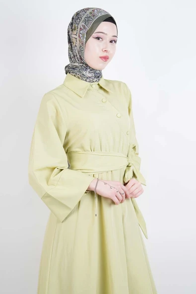 Tesettür Elbise Çapraz Düğmeli Dolama Kuşaklı Poplin Elbise Yeşil - 2