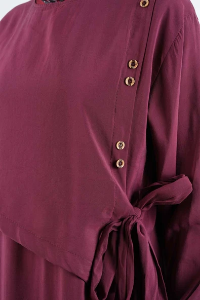 Tesettür Elbise Çift Düğme Detaylı Yandan Bağlamalı Modal Elbise Bordo - 5