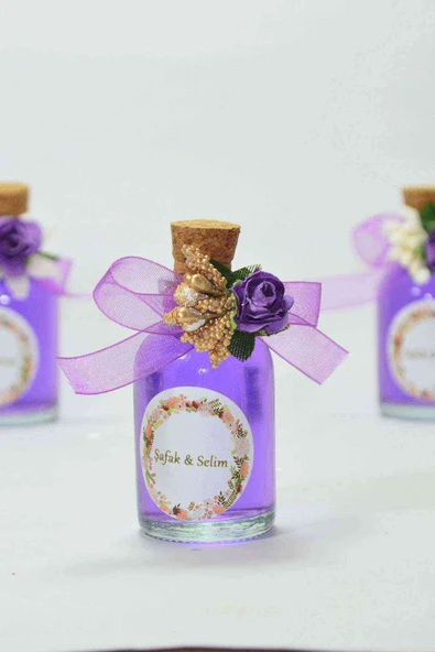 25 Adet Çiçekli Hediyelik Kolonya Şişesi, Nikah Şekeri, Bebek Şekeri - Altın Mor