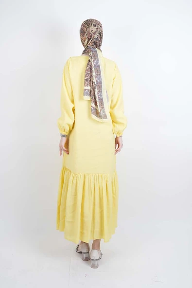 Tesettür Elbise Çift Düğme Detaylı Yandan Bağlamalı Modal Elbise Sarı - 4