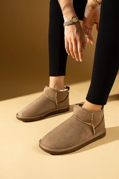 Pembe Potin İçi Yünlü Bilekte Mini Kadın Bot 007-1998-23Nubuk - Resim 4