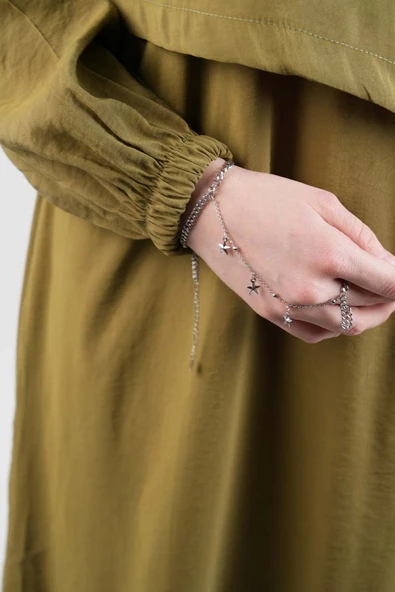 Tesettür Elbise Çift Düğme Detaylı Yandan Bağlamalı Modal Elbise Yeşil - 5