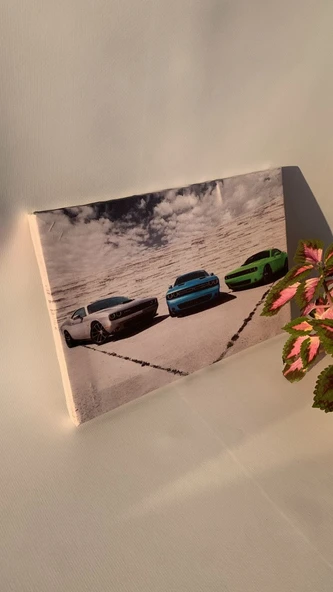 Mavi Yeşil Gri Araba Temalı Natürel Tasarım Ahşap Çerçeve Ev İşyeri Duvar Kanvas Tablo ARB8 - 5