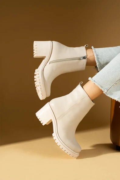 Pembe Potin Kalın Taban Fermuarlı Sıcak Astar Kadın Bot 024-028-24 - Resim 5