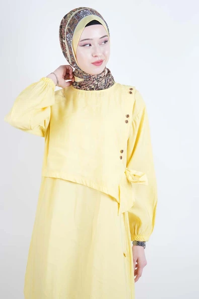 Tesettür Elbise Çift Düğme Detaylı Yandan Bağlamalı Modal Elbise Sarı - 3